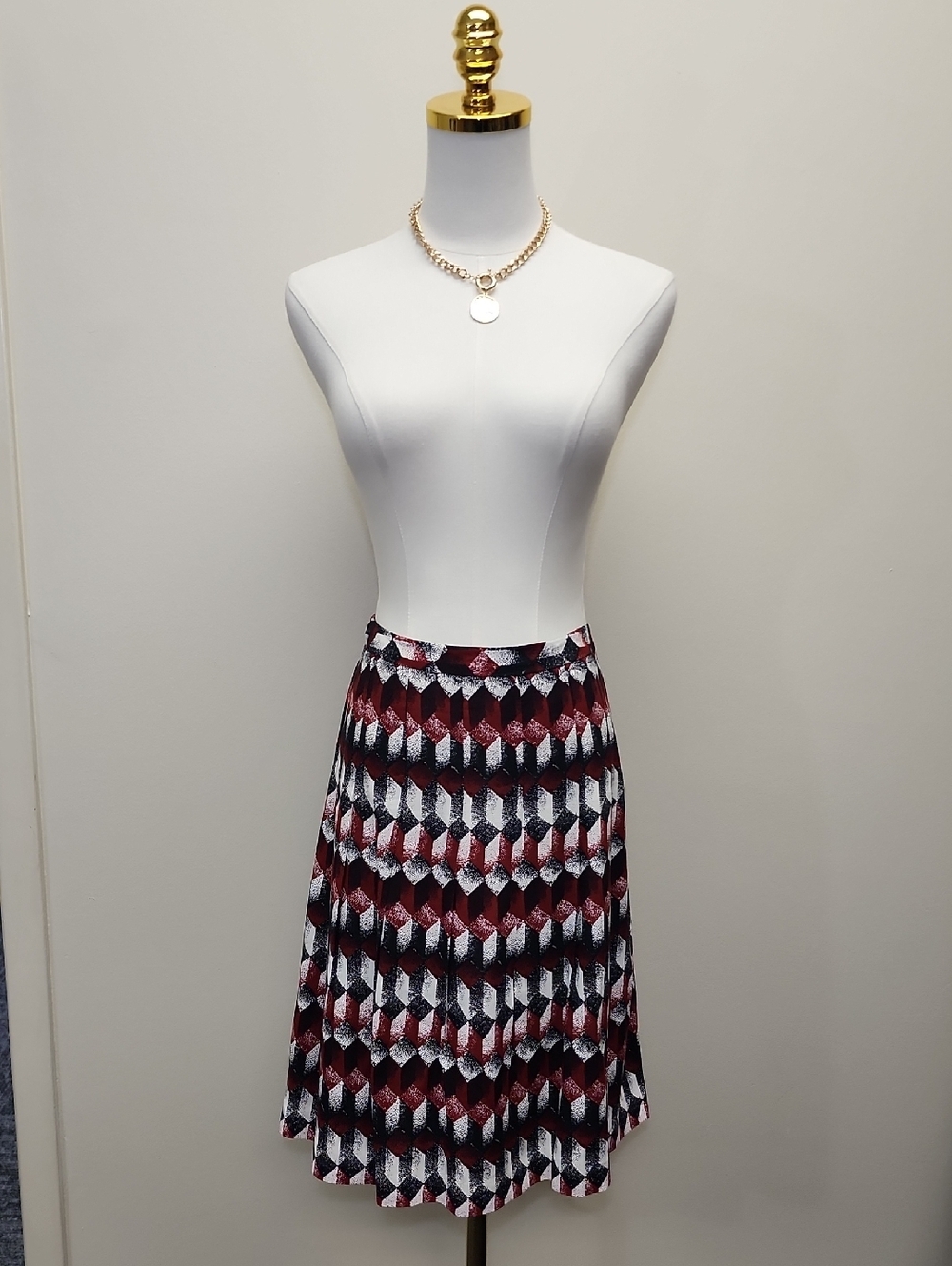LOFT Burgundy Black White Geometric A Line Midi Skirt Size 10